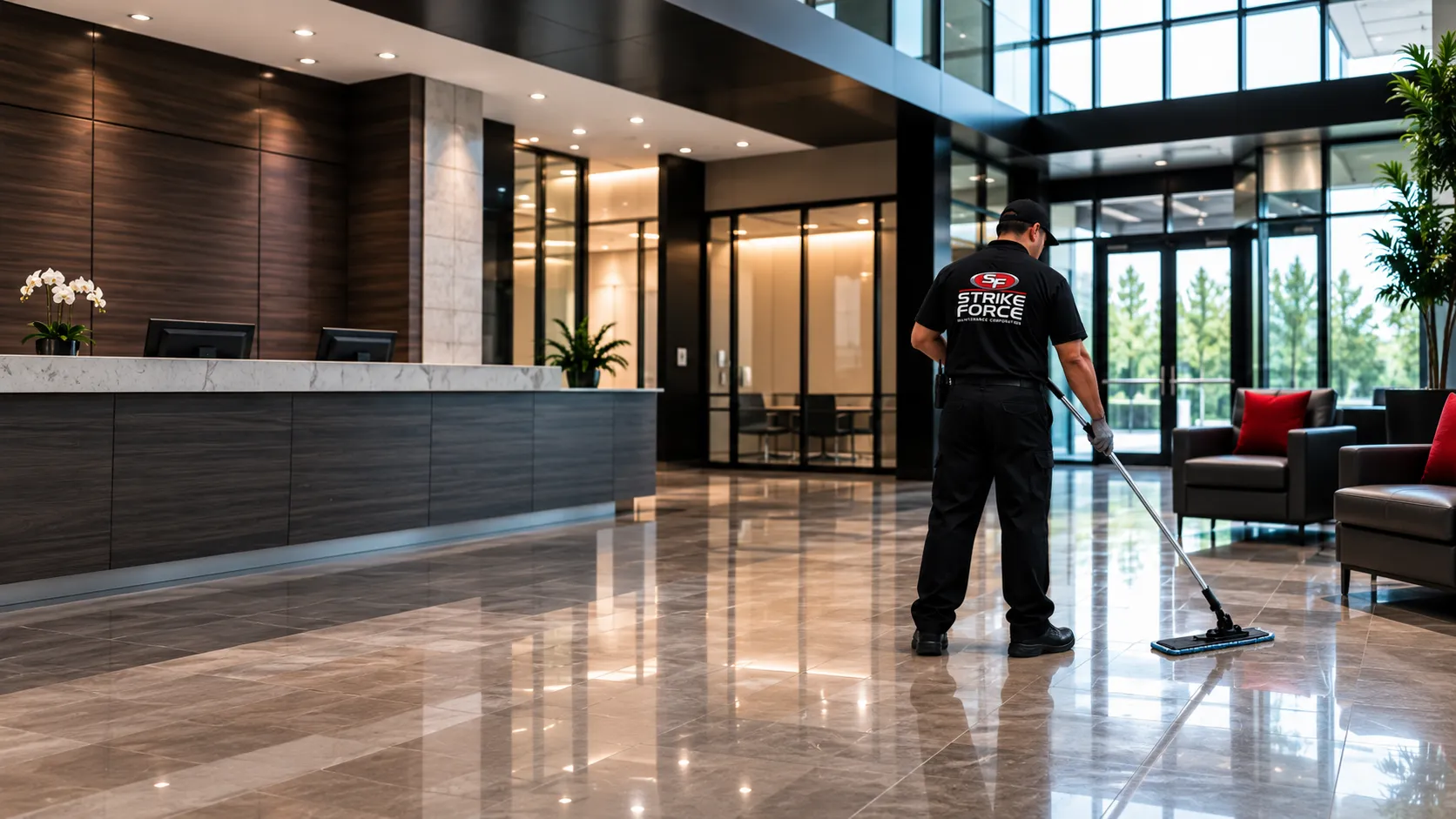 Strike Force Maintenance technician mopping a commercial lobby floor